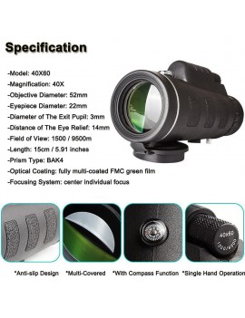 40X60 HD Monocular High Power Telescope With Compass Night Vision Outdoor Hiking Portable Bitonic Telescope Cell Phone Cameras